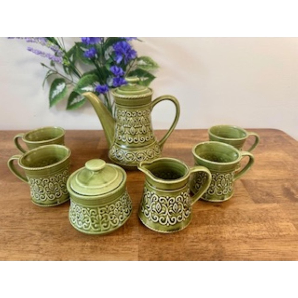 Vintage Japanese Green Coffee Set Woolco Nitto Nagoya Ceramic Mugs Cream Sugar